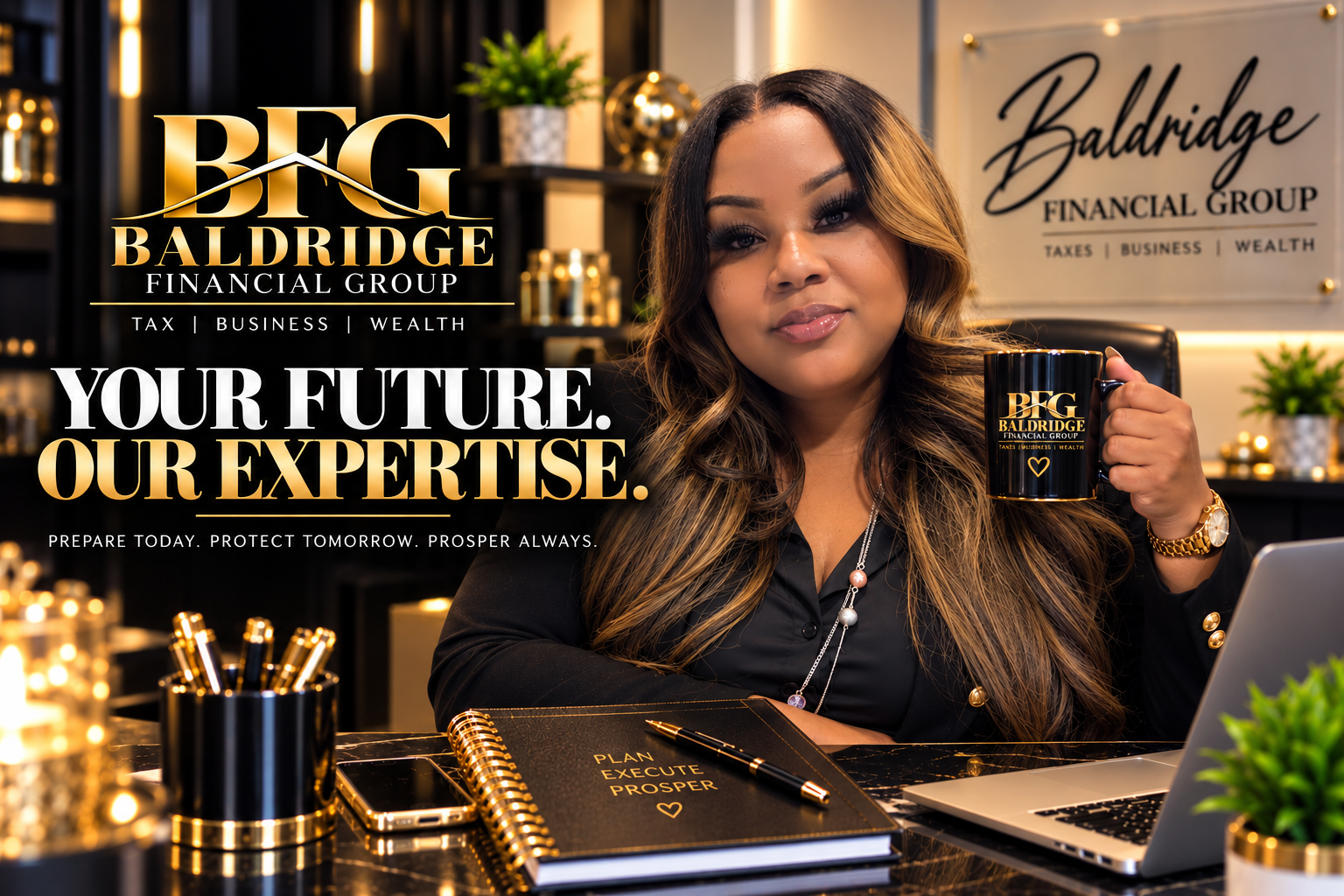 Baldridge Financial Group branded portrait of Milteria Baldridge. Your future. Our expertise. Prepare today. Protect tomorrow. Prosper always.